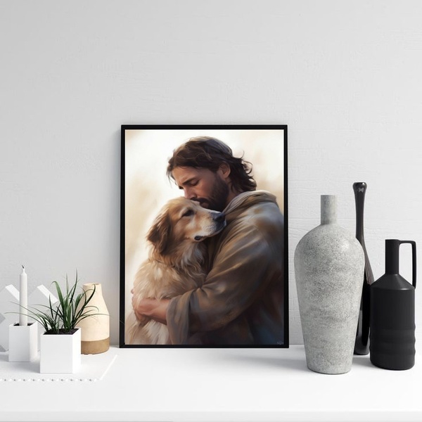 Quadro Jesus Abraçando Cão Golden Retriever 45x34cm - Com Vid