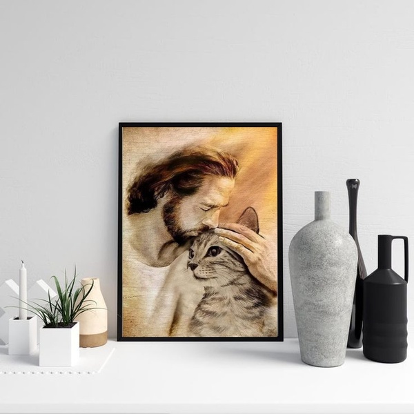 Quadro Jesus Acolhendo Gatinho 45x34cm - Com Vidro Moldura:ma