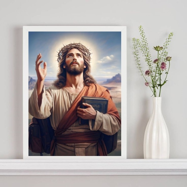 Quadro Jesus Com Bíblia Sagrada 45x34cm Moldura:madeira Preta