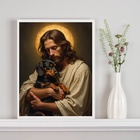 Quadro Jesus Com Cão Dachshund No Colo 24x18cm Moldura Preta