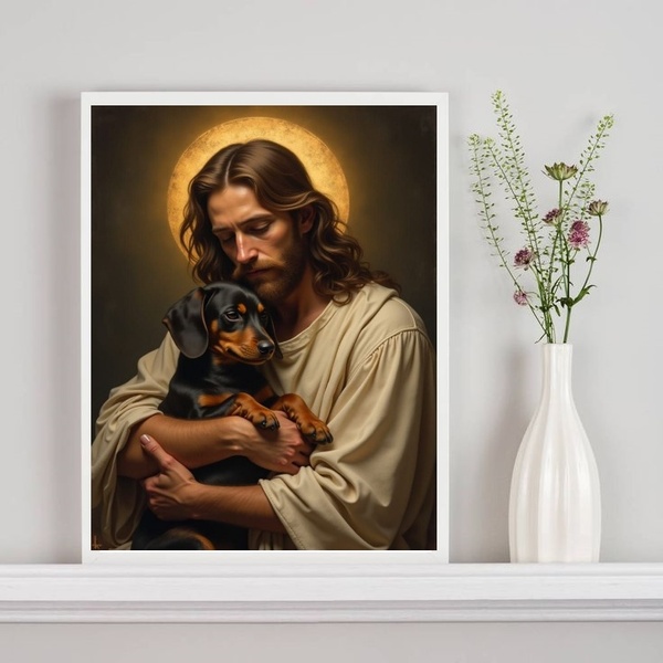 Quadro Jesus Com Cão Dachshund No Colo 45x34cm Moldura Preta