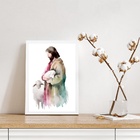 Quadro Jesus Com Cordeiros Aquarela 24x18cm Moldura:madeira P