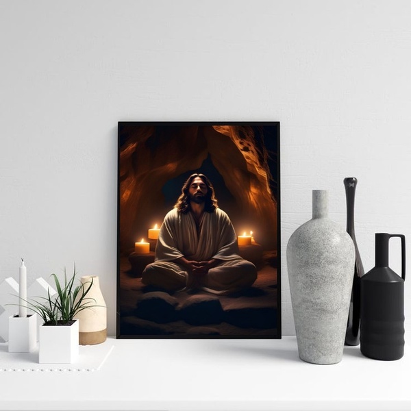 Quadro Jesus Cristo Meditando 24x18cm Moldura:madeira Branca