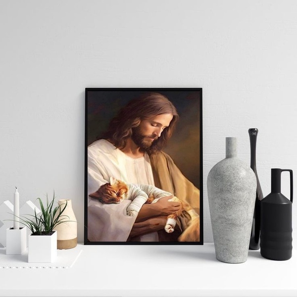 Quadro Jesus Cuidando De Gatinho 45x34cm - Com Vidro Moldura: