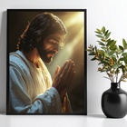 Quadro Jesus Fazendo Oração 24x18cm - Com Vidro Moldura Branca