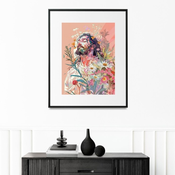 Quadro Jesus Floral - 60x48cm Moldura Preta