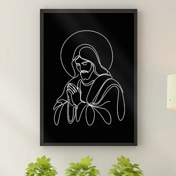 Quadro Jesus Moderno - One Line 45x34cm Moldura Preta