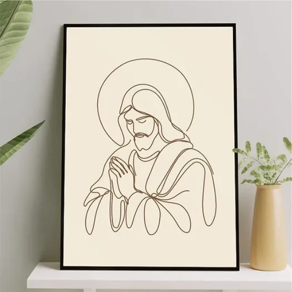 Quadro Jesus One Line - Marrom 45x34cm Moldura Preta
