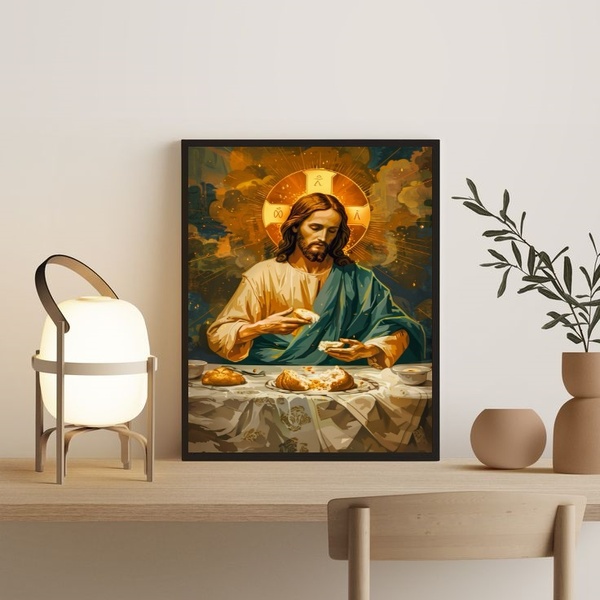 Quadro Jesus Repartindo O Pão 45x34cm - Com Vidro Moldura Pre
