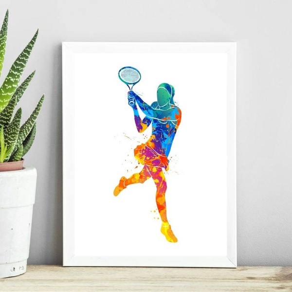 Quadro Jogadora De Tênis Aquarela 45x34cm - Com Vidro Moldura