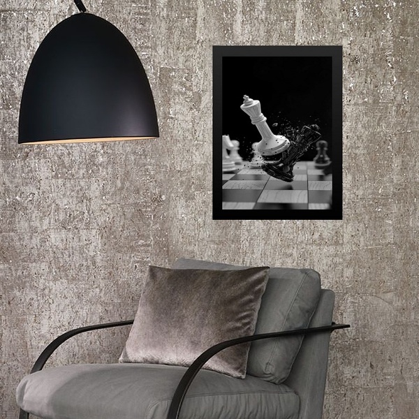 Quadro Jogo Xadrez-preto E Branco 45x34cm - Com Vidro Moldura