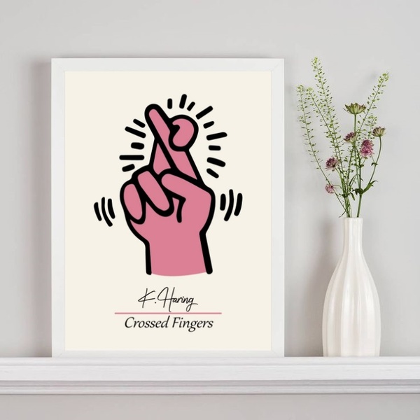 Quadro Keith Haring Crossed Fingers - Rosa 33x24cm - Com Vidr