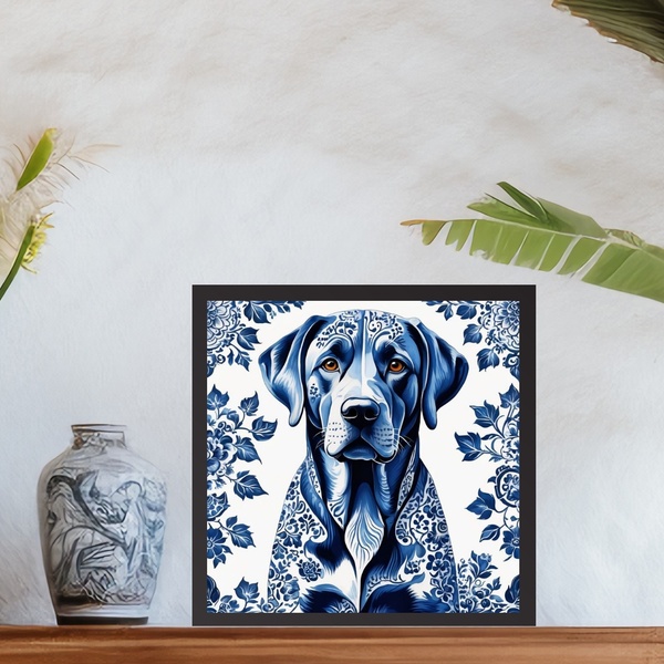 Quadro Labrador Estilo Azulejo Português - 33x33cm - Com Vidr