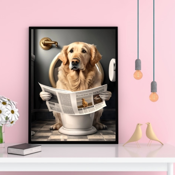 Quadro Labrador No Banheiro Lendo Jornal 45x34cm Moldura Bran