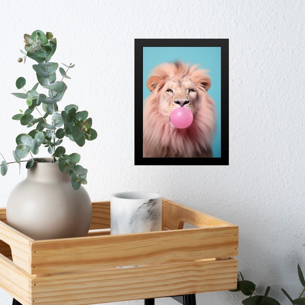 Quadro Leão Bubble Gum Azul E Rosa 45x34cm Moldura Branca