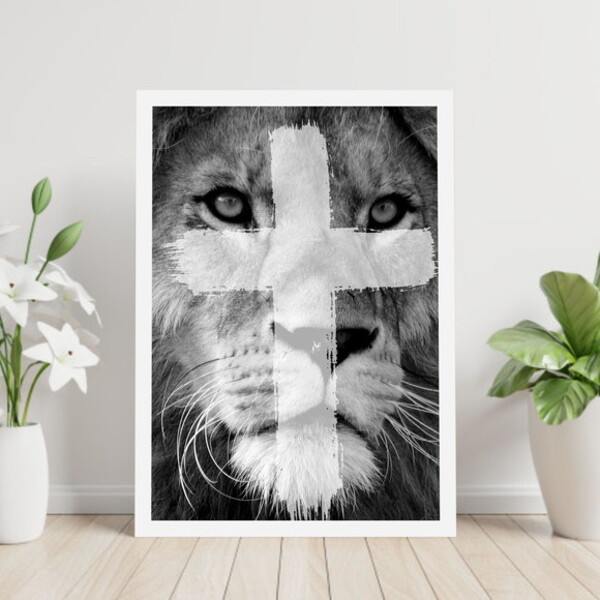 Quadro Leão Cruz Tinta 45x34cm - Com Vidro Moldura:madeira Pr