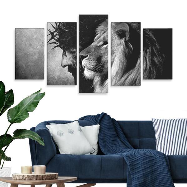 Quadro Leao Jesus Cristo Preto E Branco Moderno 5 Peças .