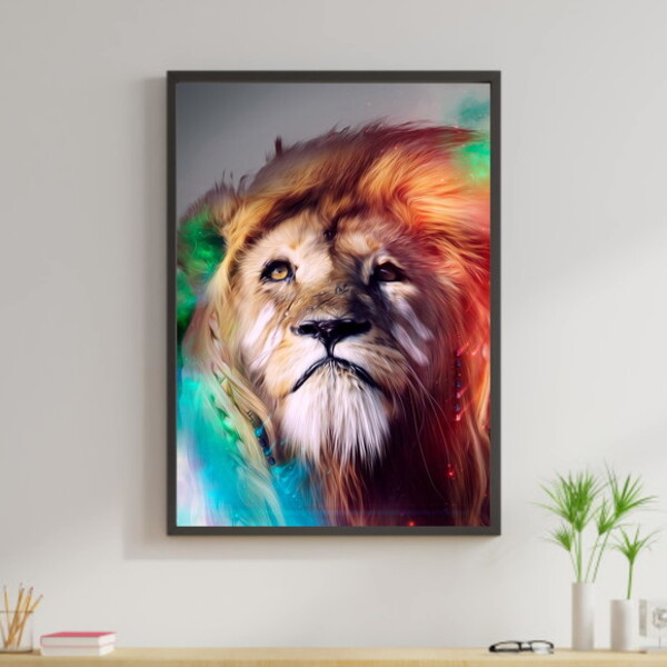 Quadro Leão Juba Colorida 24x18cm - Com Vidro Moldura:madeira
