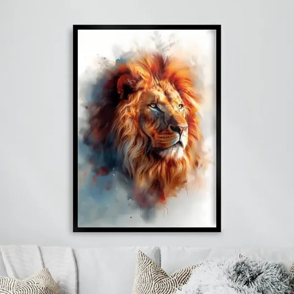 Quadro Leão Majestoso - Aquarela 33x24cm - Com Vidro Moldura