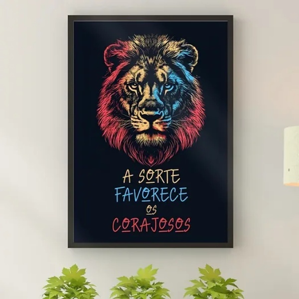 Quadro Leão Sorte Favorece Corajosos 45x34cm - Com Vidro Mold