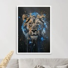 Quadro Leão Tinta Azul 33x24cm Moldura Preta
