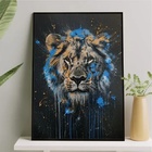 Quadro Leão Tinta Azul 45x34cm - Com Vidro Moldura Preta