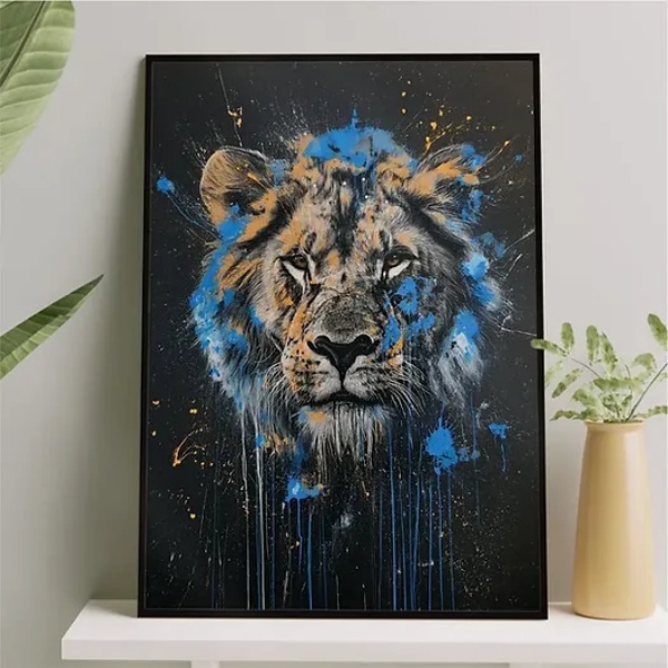 Quadro Leão Tinta Azul 45x34cm - Com Vidro Moldura Preta