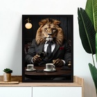 Quadro Leão Tomando Café 33x24cm Moldura Branca