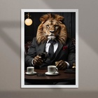 Quadro Leão Tomando Café 33x24cm Moldura Preta