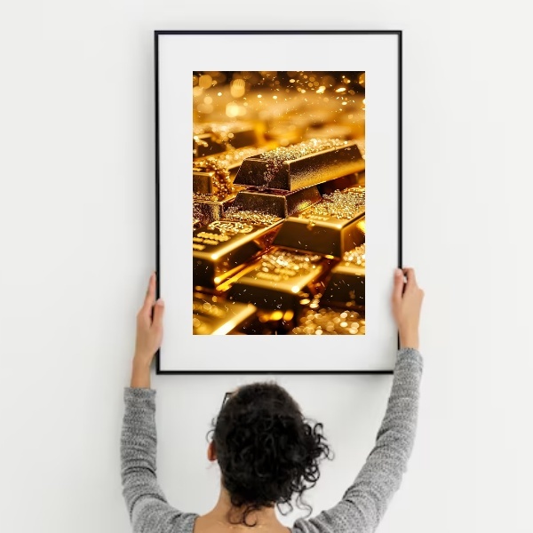 Quadro Lei Atração Barras Ouro - 60x48cm Moldura Preta