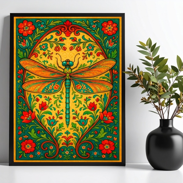 Quadro Libélula Boho Floral Farm 45x34cm - Com Vidro Moldura