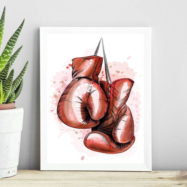 Quadro Luva De Boxe - Aquarela 24x18cm Moldura:madeira Branca