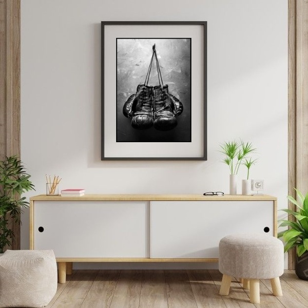Quadro Luva De Boxe Preta - 60x48cm Moldura:madeira Preta