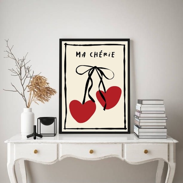 Quadro Má Cherie Cereja Corações 45x34cm - Com Vidro Moldura