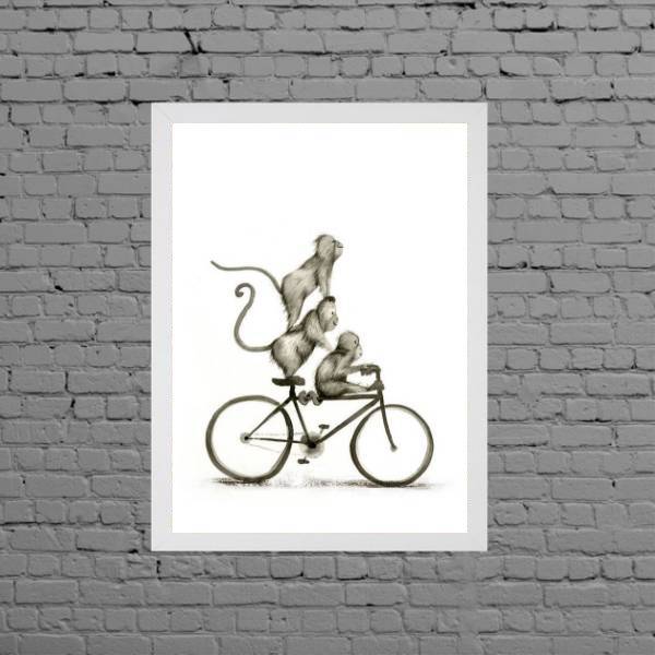 Quadro Macaquinhos Na Bicicleta 24x18cm - Com Vidro Moldura:m