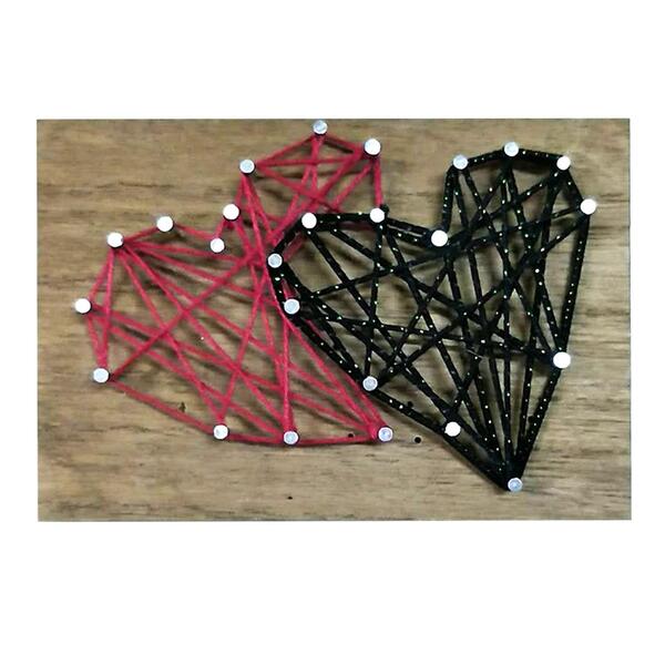 Quadro Madeira String Art Dois Coracoes Preto/vermelho 14x0.9
