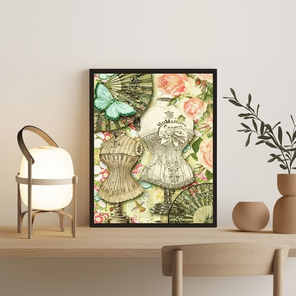 Quadro Manequins De Costura Com Flores 24x18cm - Com Vidro Mo