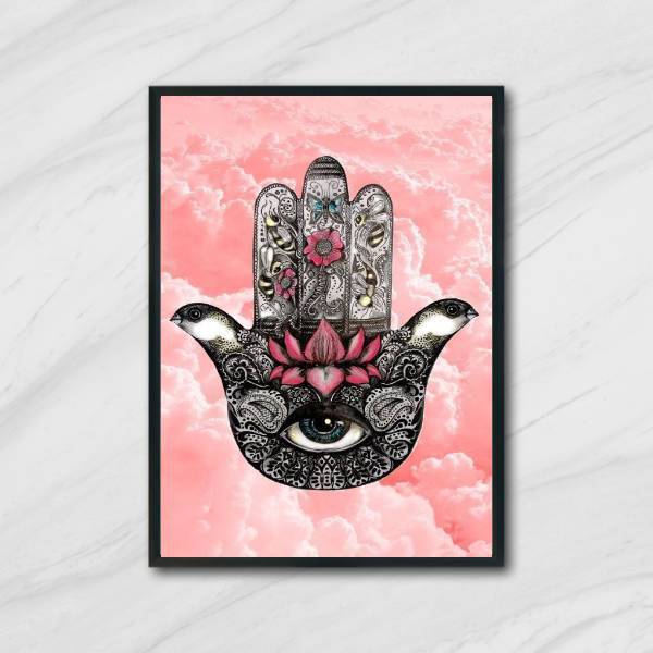 Quadro Mão De Fátima Fundo Rosa 24x18cm - Com Vidro Moldura:m