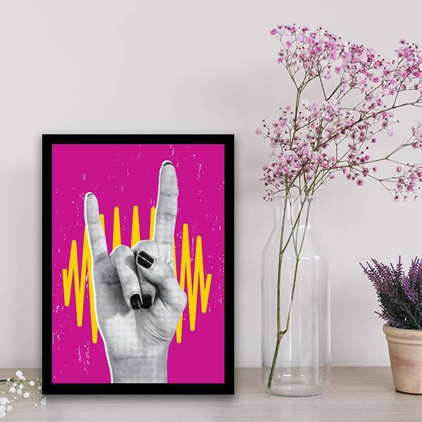 Quadro Mão Rock 33x24cm - Com Vidro Moldura:madeira Branca