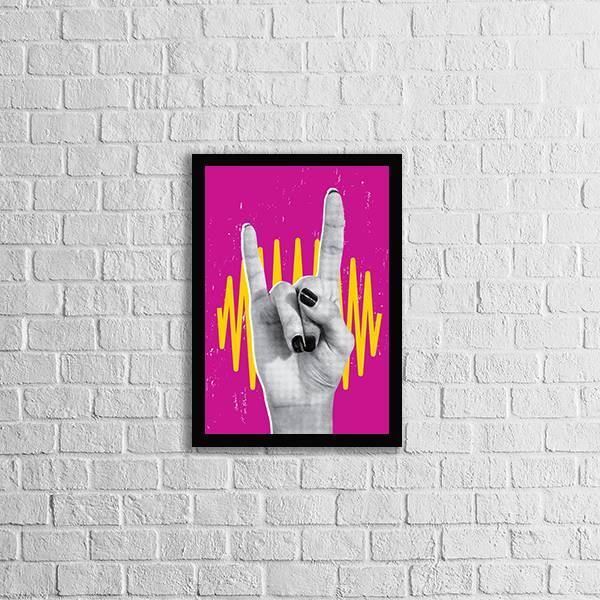 Quadro Mão Símbolo Rock N' Roll 24x18cm Moldura:madeira Branca