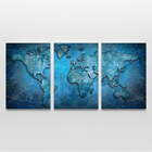 Quadro Mapa Mundi Azul - Kit 3 Telas
