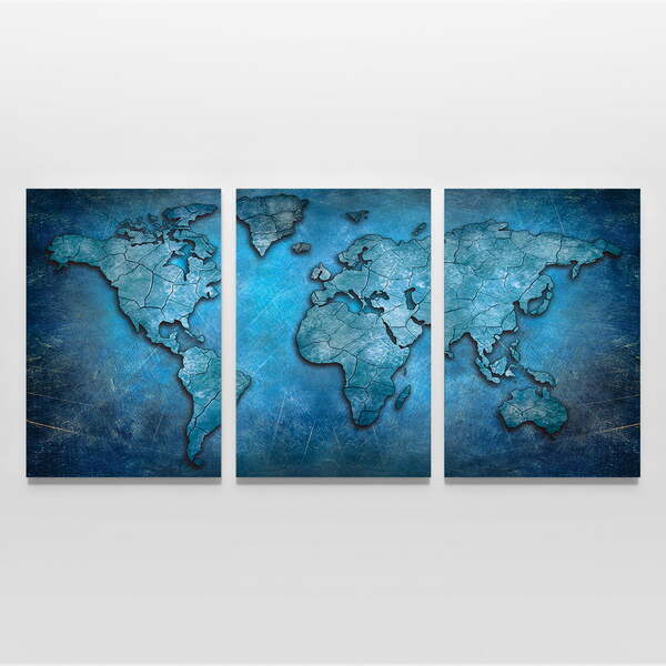 Quadro Mapa Mundi Azul - Kit 3 Telas