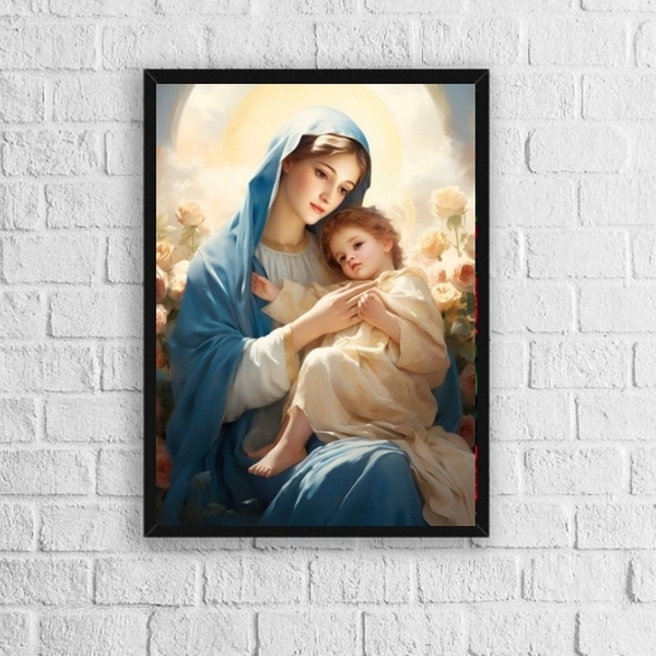 Quadro Maria Com Menino Jesus 45x34cm Moldura:madeira Branca