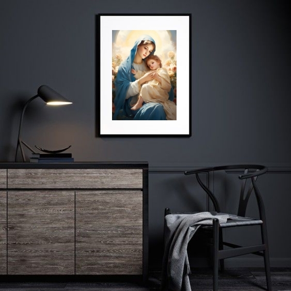Quadro Maria Com Menino Jesus - 60x48cm Moldura:madeira Preta