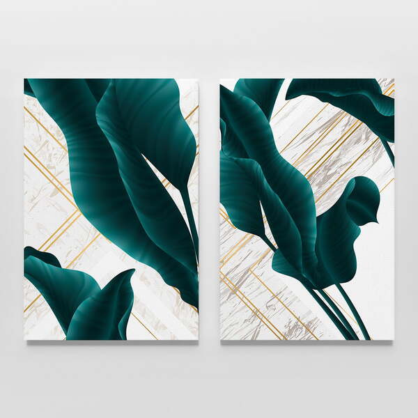 Quadro Mármore Branco E Folhas - Kit 2 Telas