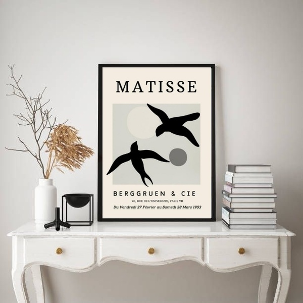 Quadro Matisse Passarinhos Preto E Cinza 45x34cm - Com Vidro