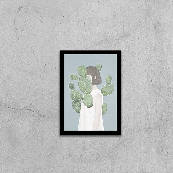 Quadro Menina Com Cactos 45x34cm - Com Vidro Moldura:madeira