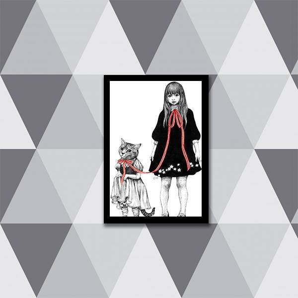 Quadro Menina Com Gatinho 24x18cm - Com Vidro Moldura:madeira