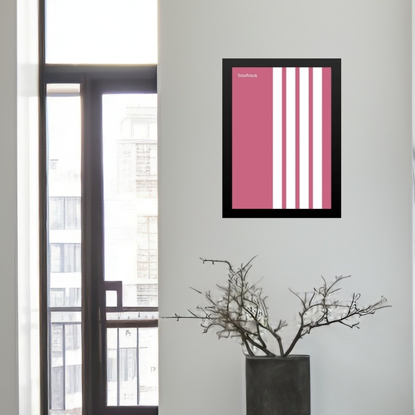 Quadro Minimalista Bauhaus Rosa Listras Brancas 24x18cm Moldu