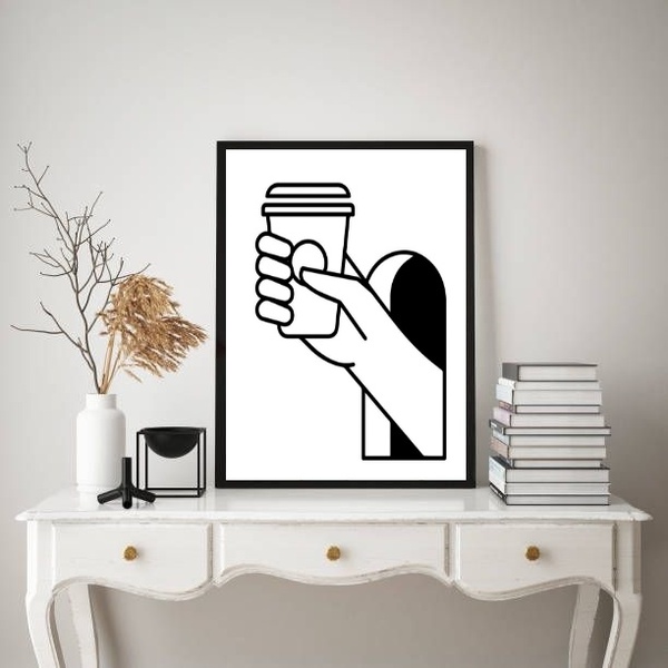 Quadro Minimalista Copo Café 24x18cm - Com Vidro Moldura Preta